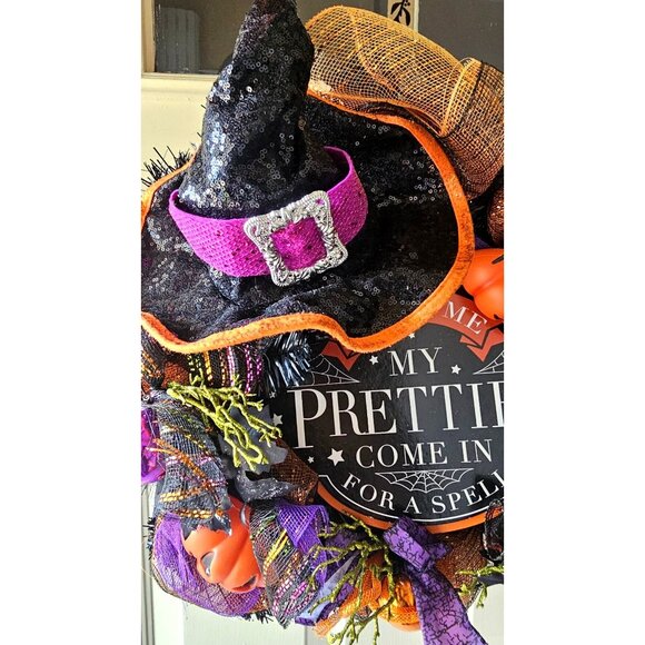 Halloween Wreath Witch Hat Door Decor Light Up Purple Pumpkins Spooky Handmade - Picture 5 of 9